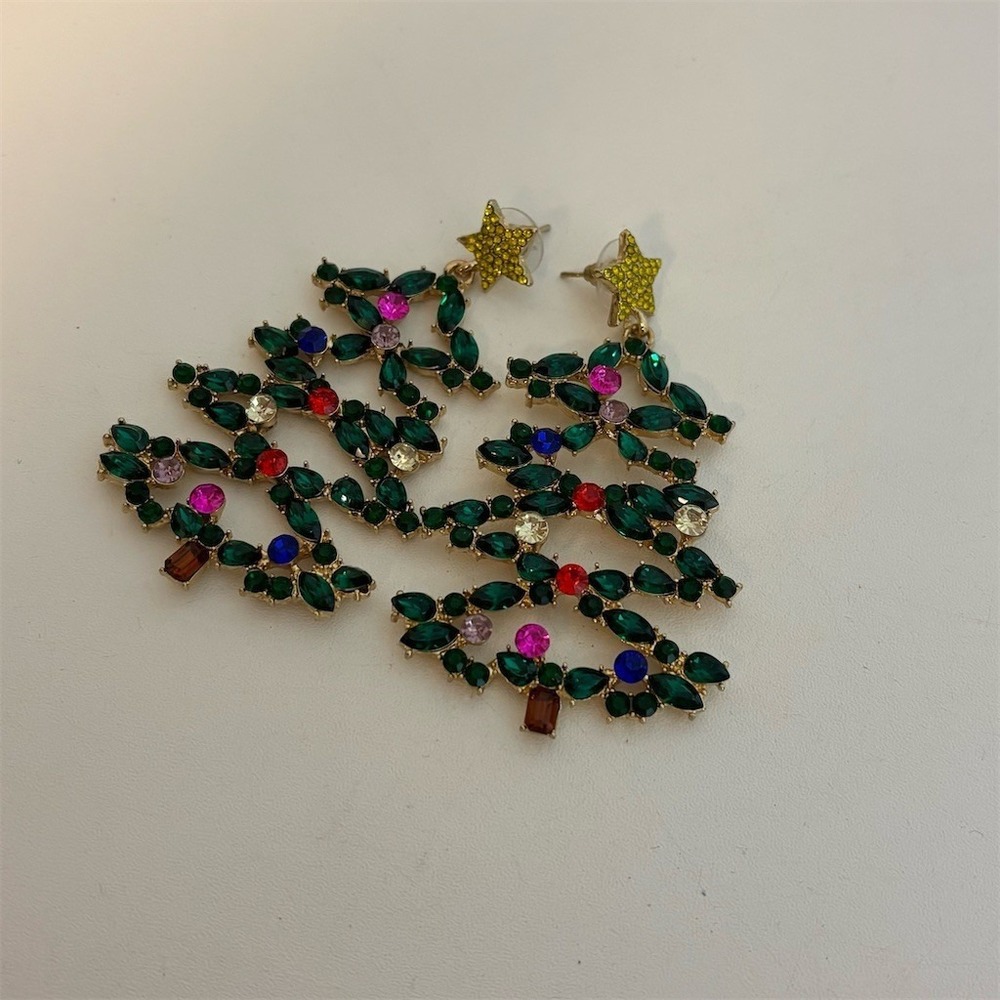 Christmas Tree Dangle Earrings Multicolor Crystals Green Rhinestone